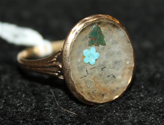 19thC yellow metal and hardstone ring